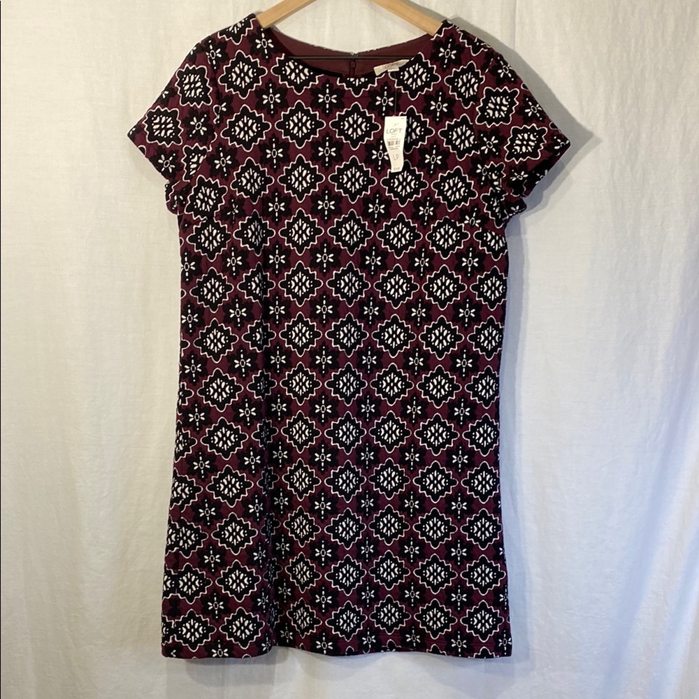 Loft - Large Petite Burgundy / Black Patterned Dress - midi, short sleeve